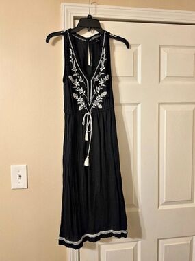 Lucky Brand Black Embroidered Boho Midi Dress - XS